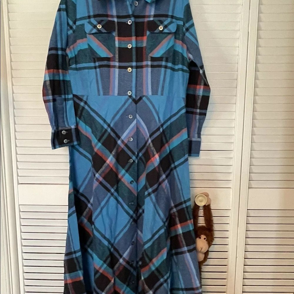 $130 Blue Plaid Multi Maxi ShirtDress PL 14-16